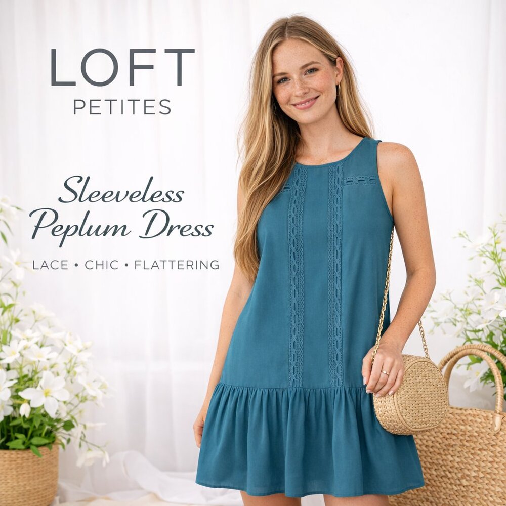LOFT Petite Blue Sleeveless Peplum Shift Dress Lace Trim Drop Waist Size SP
